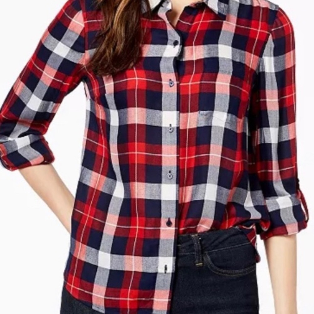 TOMMY HILFIGER Shirt Heritage Plaid Button-Down Roll-Tab Red Blue Women's S
